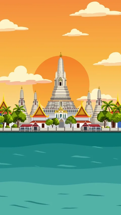 Vertical Animation of Thai Longtail Boat Passing Wat Arun at Sunset Stock Footage 336423143
