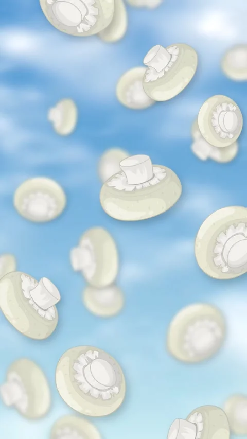 Vertical Animation of White Button Mushrooms Falling Against Blue Sky Stock Footage 342489080