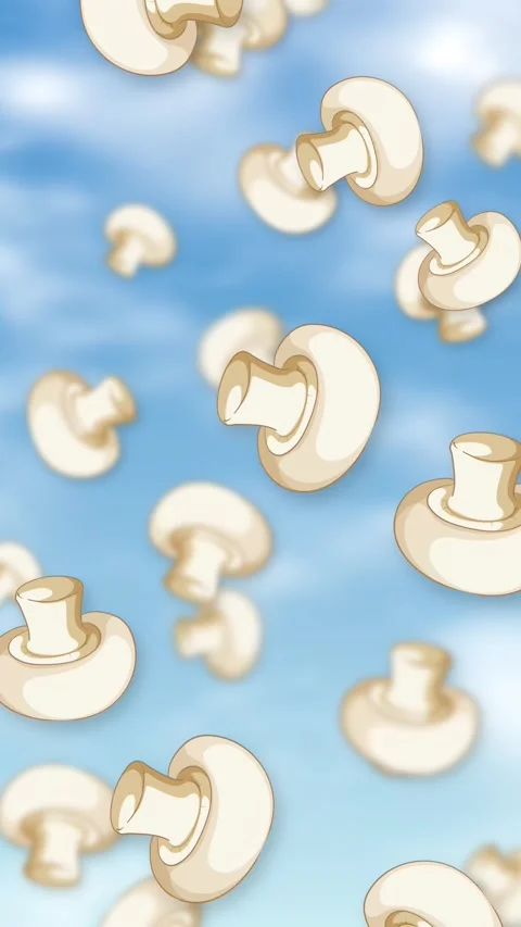 Vertical Animation of White Button Mushrooms Falling Against a Blue Sky Stock Footage 344851055