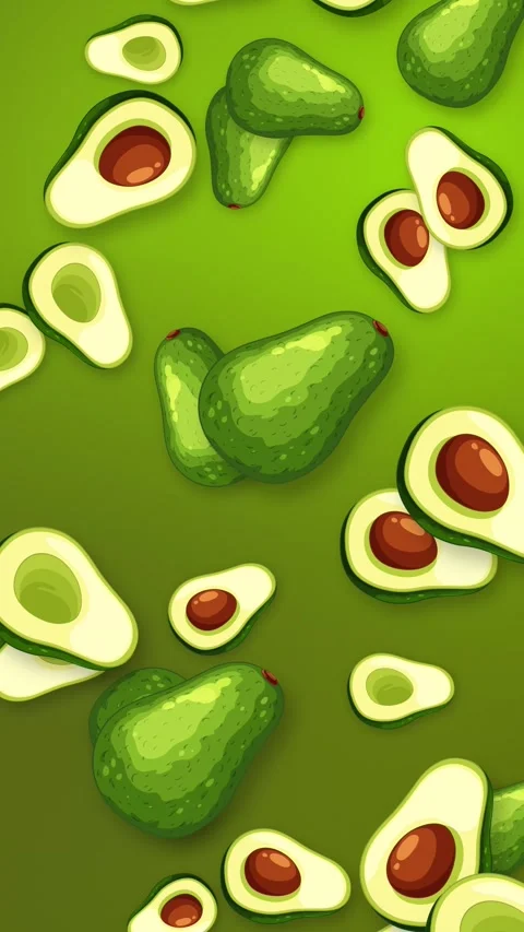 Vertical Animation of Whole and Halved Avocados Falling on Green Background Stock Footage 345314512