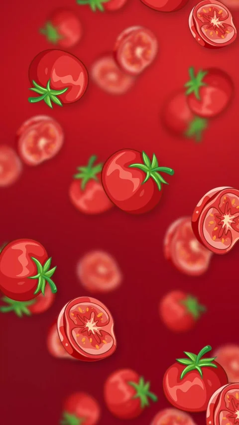 Vertical Animation of Whole and Sliced Tomatoes Falling on Red Background Stock Footage 342117813
