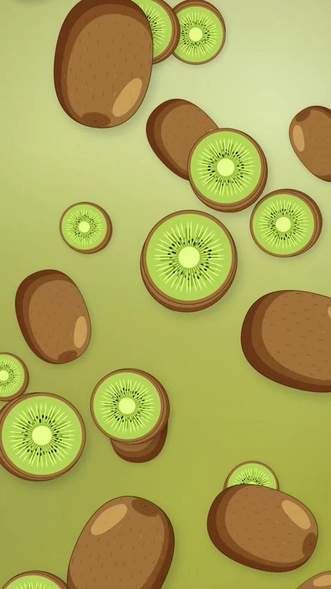 Vertical Animation of Whole and Sliced Kiwifruit Falling on Green Background Stock Footage 344836398
