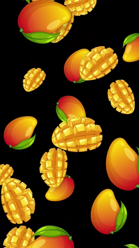 Vertical Animation of Whole and Sliced Mangoes Falling on Black Background Stock Footage 345120855