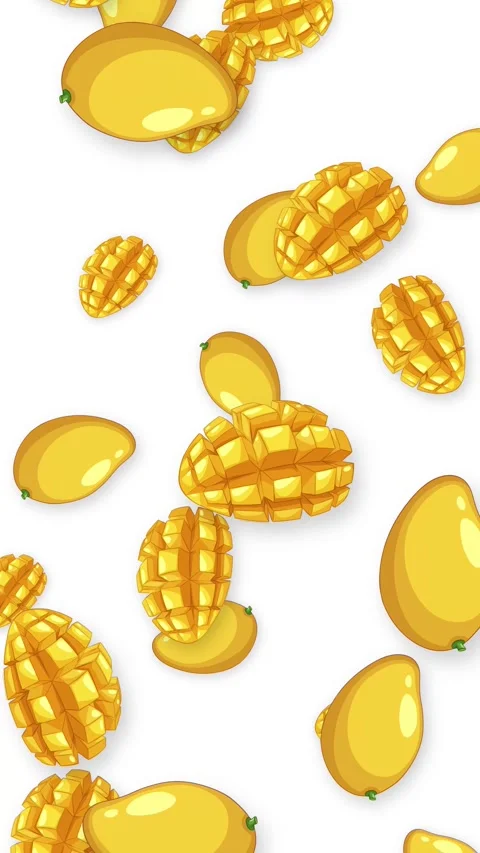 Vertical Animation of Whole and Sliced Mangoes Falling on White Background Stock Footage 345125098
