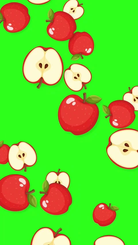 Vertical Animation of Whole and Sliced Red Apples Falling on Green Screen Stock Footage 345125142
