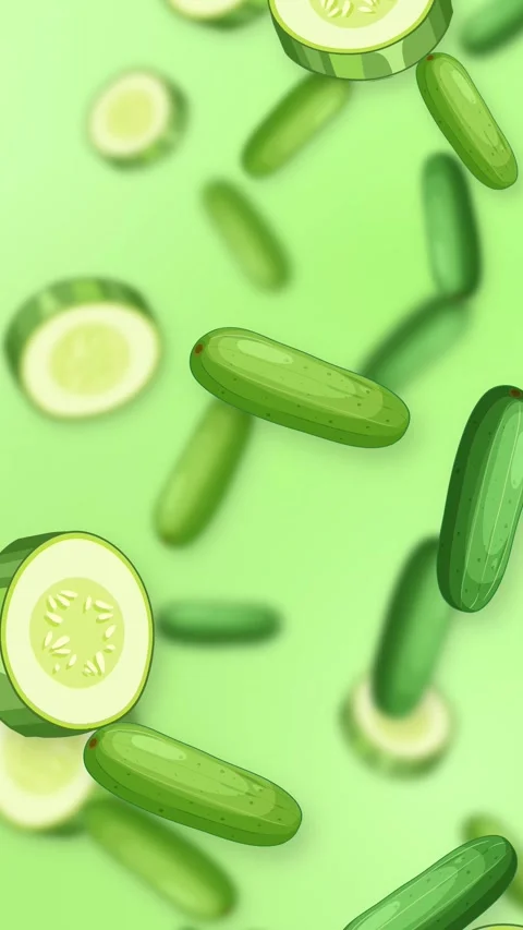 Vertical Animation of Whole and Sliced Cucumbers Falling on Green Background Stock Footage 345311296