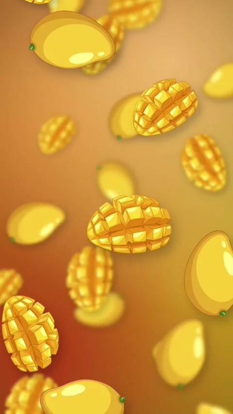 Vertical Animation of Whole and Sliced Mangoes Falling on Gradient Background Stock Footage 346115024