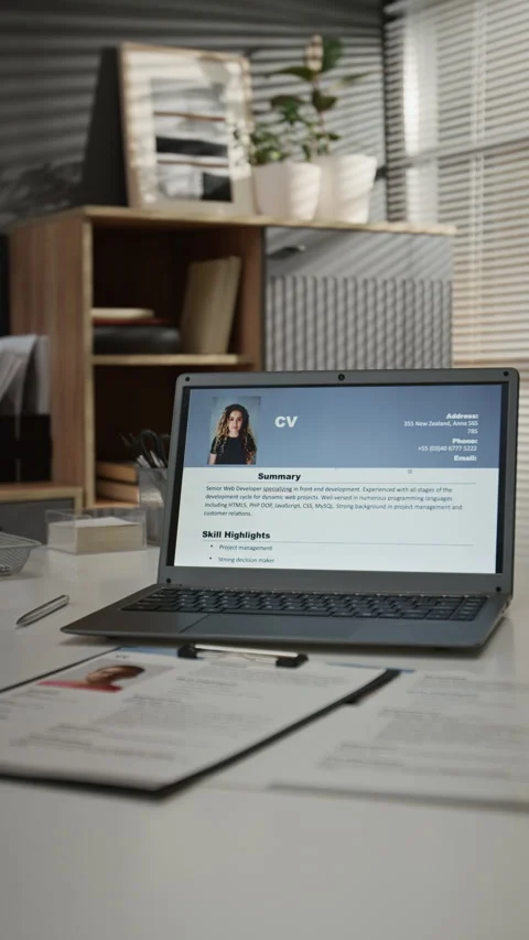 Vertical of Application Forms and Grey Laptop Showing Girls Resume on Large Desk Stock Footage 330518292
