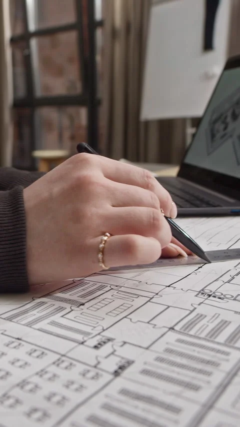 Vertical of Architect Sketching Layout While Studying 3D Building Model Vídeos de archivo 327844476