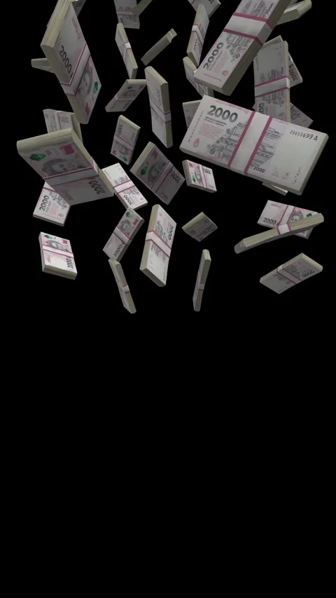 Vertical Argentina 2000 Pesos Falling Animation Stacks Of Money on Black Scr Stock Footage 292693384
