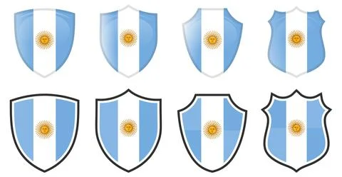 Vertical Argentinian flag in shield shape, four 3d and simple versions. Argen Illustrazione stock