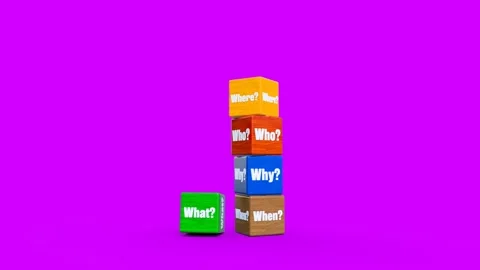 Vertical Arrangement of Question Cubes of What, Who, Why, When, and Where Vídeo Stock 303141464