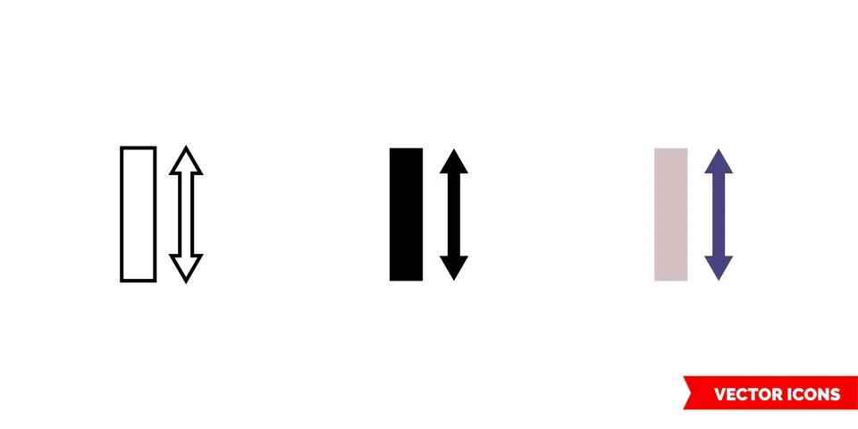 Vertical arrow rectangle icon of 3 types color, black and white, outline. Iso Stock Illustration
