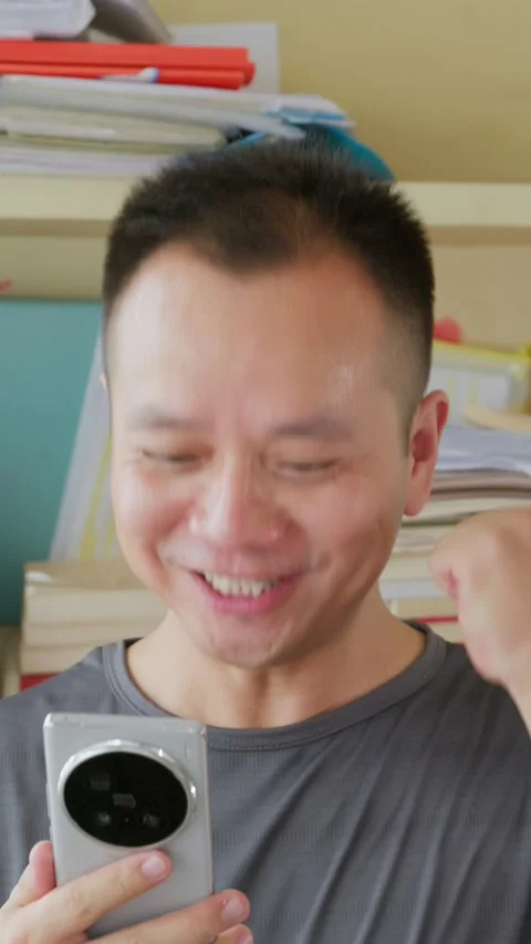 Vertical Asian man cheering and shouting excitedly while watching smartphone Stock Footage 342472435