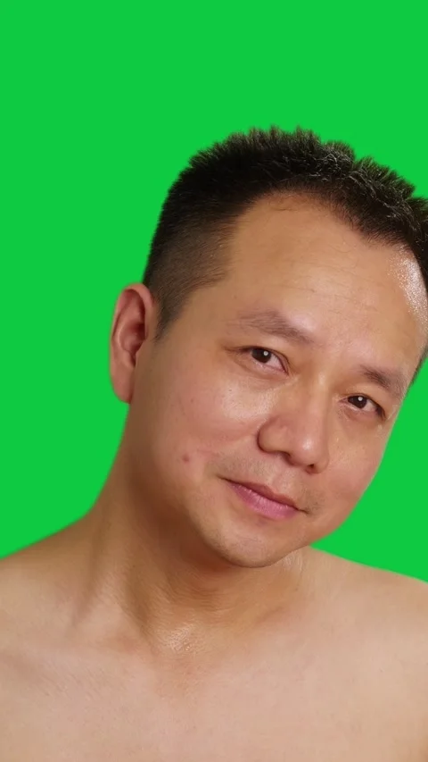 Vertical Asian man face and smile in bathroom for skincare Stock Footage 343606730