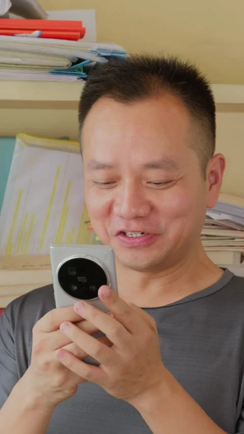 Vertical Asian man reading meme and entertainment on social media Stock Footage 342472190