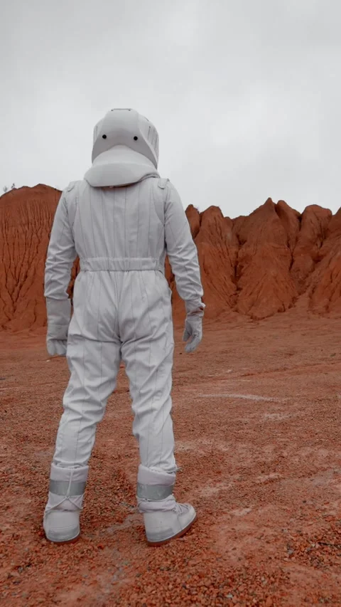 Vertical of Astronaut in space suit looking at planet crater Vidéo 275621737