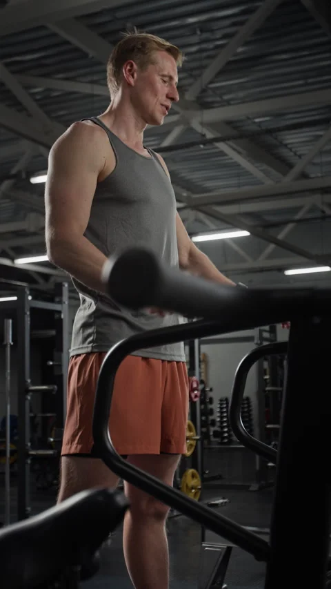 Vertical of Athletic Man Experiencing Sudden Back Pain during Gym Workout Stock Footage 339911190