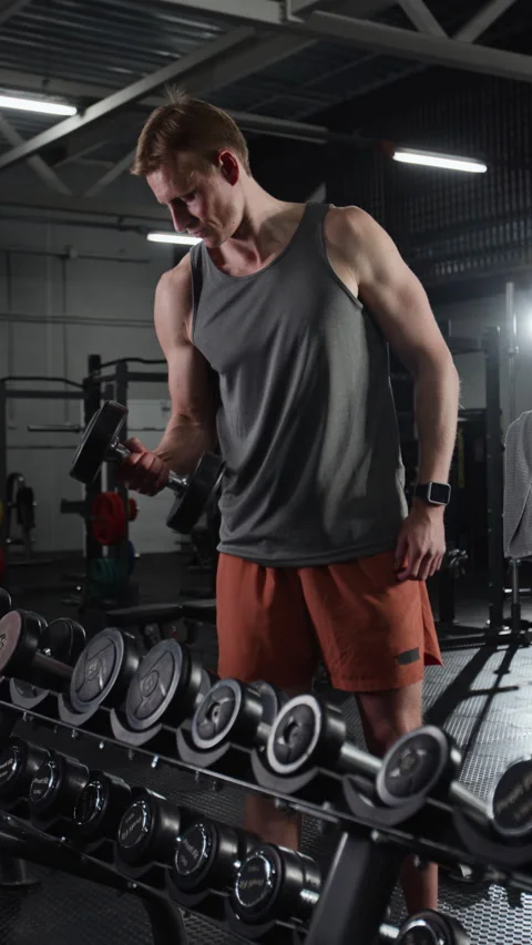 Vertical of Athletic Man Lifting Dumbbell for Strength Training in Gym Stock-Footage 339910738