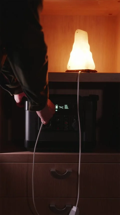 Vertical atmospheric view of portable battery generator powering desk lamp .. Stock-Footage 336235859