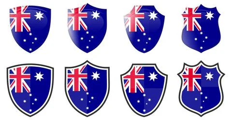Vertical Australia flag in shield shape, four 3d and simple versions. Austral Ilustración de archivo