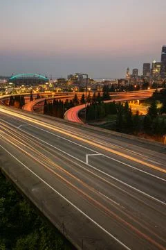 Vertical of auto trails at sunset in Seattle Фото