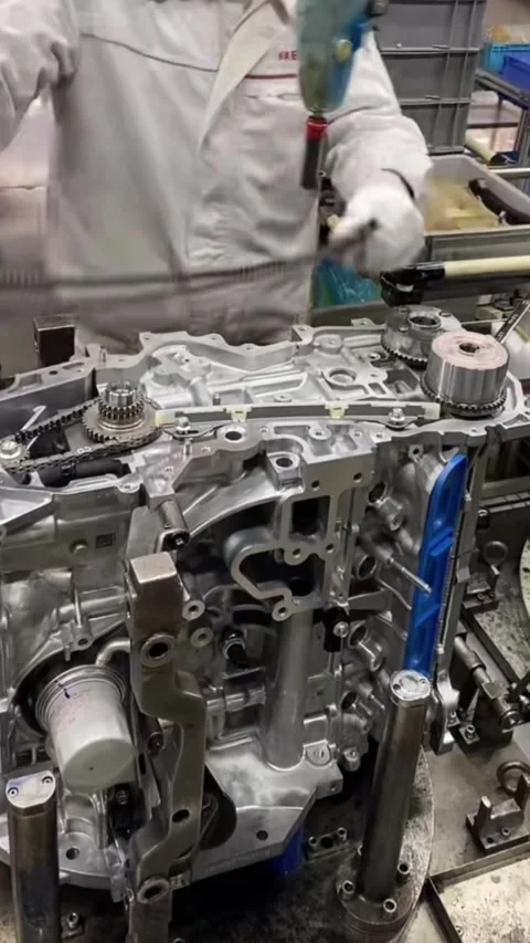 Vertical Auto worker assembling car engine on production line Video stock 333221956