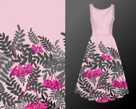 Vertical autumn rowanberry seamless pattern on summer dress mock up. Detailed Ilustração Stock