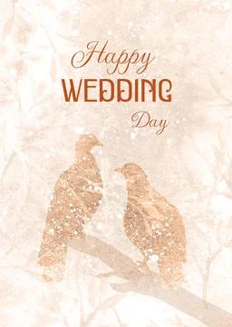Vertical autumn wedding design with a pair of birds, Happy wedding day Ilustração Stock