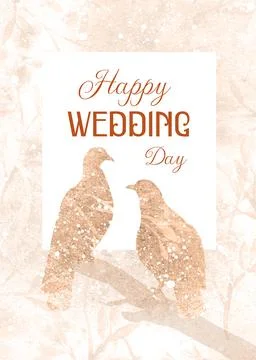 Vertical autumn wedding design with a pair of birds sitting on a branch Ilustração Stock