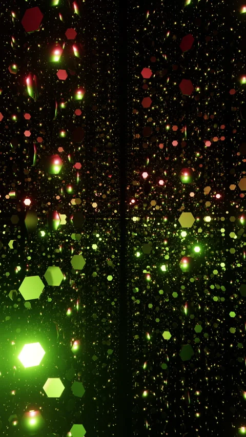 Vertical awards corridor of sparkling red and green hexagon particles chains or Stock Footage 297296781