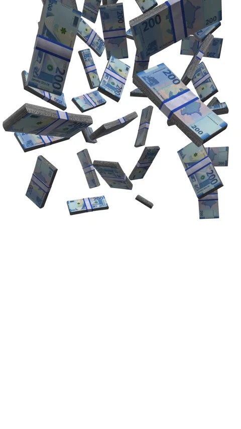 Vertical Azerbaijani Manat Banknotes Falling Animation Stacks Of Money on Wh Stock Footage 285270480