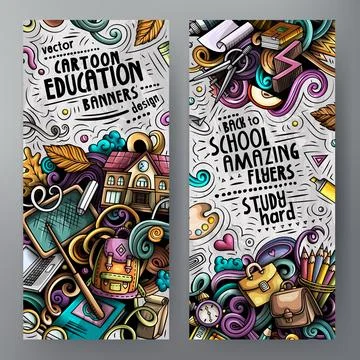 Vertical Back to School Doodle Banner Set with School Supplies Stock Illustration