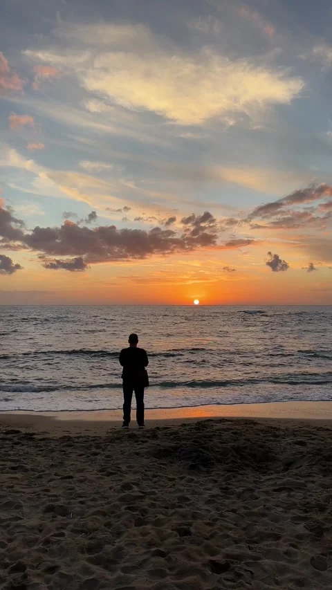 A vertical back shot of a man standing and watching the sunset with sea waves Stock Footage 295177993