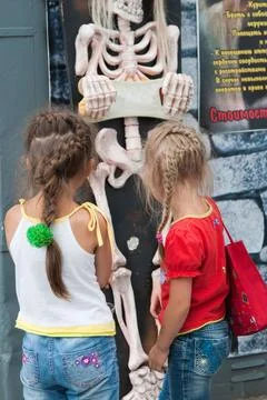 Vertical back view of small girls looking at a skeleton decoration of a shop Stock Photos