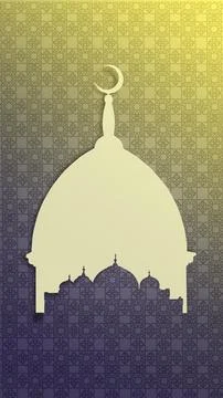 Vertical background featuring a paper-cut style mosque silhouette, crescent.. Illustrazione stock