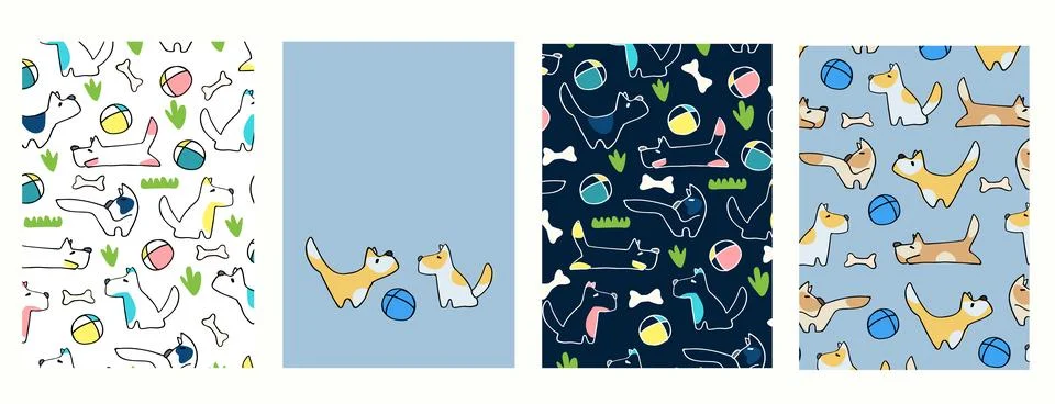 Vertical background Seamless compatible patterns set with dogs, checkered, .. Stock Illustration