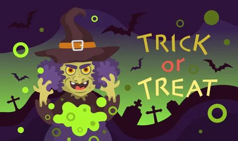 Vertical background with witch and potion and inscription halloween trick or Stock Illustration