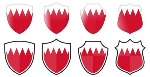Vertical Bahrain flag in shield shape, four 3d and simple versions. Vertic... Stock Photos