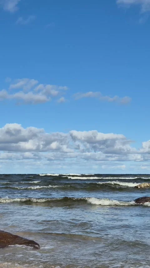 Vertical Baltic Sea Waves Hitting the Shore — Natural Water Sound (9:16) Stock Footage 321416590
