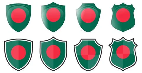 Vertical Bangladesh flag in shield shape, four 3d and simple versions. Stock Illustration