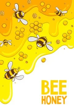 Vertical banner with bees combs. Honey isolated on yellow background. Vector Stock Illustration