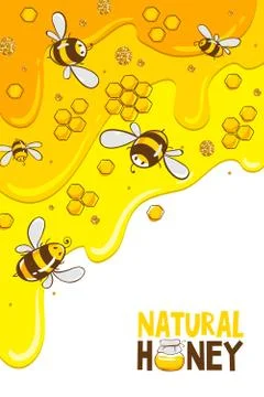 Vertical banner with bees combs. Honey isolated on yellow background. Vector Stock Illustration