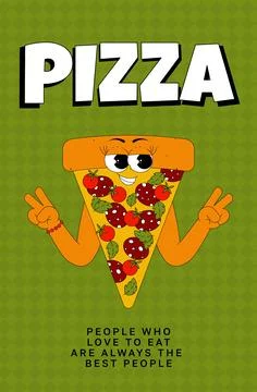 Vertical banner with funky pizza slice character in retro groovy style. Peo.. Illustrazione stock