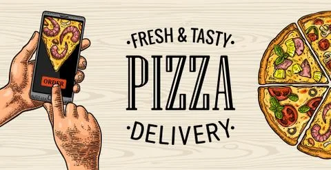 Vertical banner hands touching a mobile phone for order pizza Stock Illustration