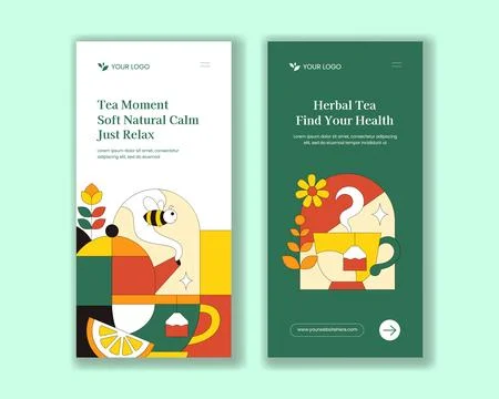 Vertical Banner Herbal Tea Flat Cartoon Hand Drawn Template Background Illu.. Illustrazione stock