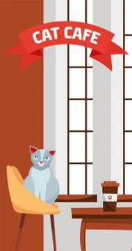 Vertical banner template for cat cafe. Cute grey cat sits at cafe table near  Stock Illustration
