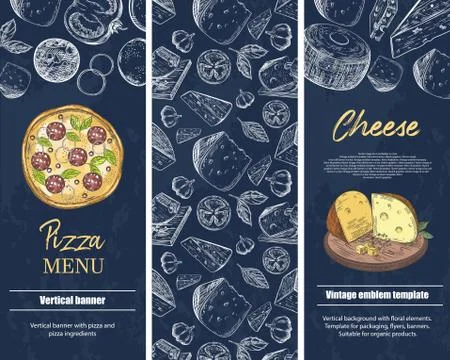 Vertical banners with the image of cheese and pizza. Vintage illustrations. Stock Illustration