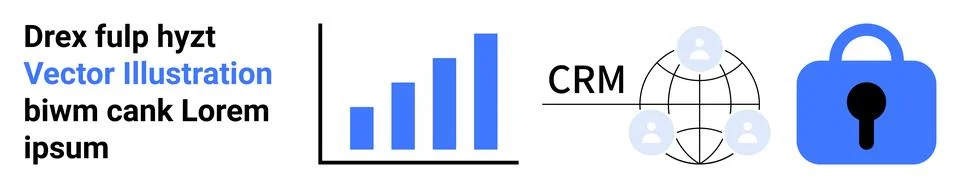 Vertical bar graph, CRM network with people icons, and a blue security lock i Illustrazione stock