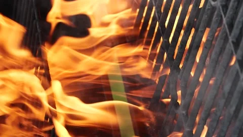 Vertical barbecue grill, slow motion bbq fire flame burning, cooking outdoors Vídeos de archivo 217420483
